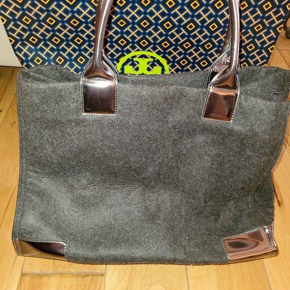 Tory Burch ELLA Wool Leather Trim Large Brown Gold Tote Bag Purse Handbag - Picture 5 of 9